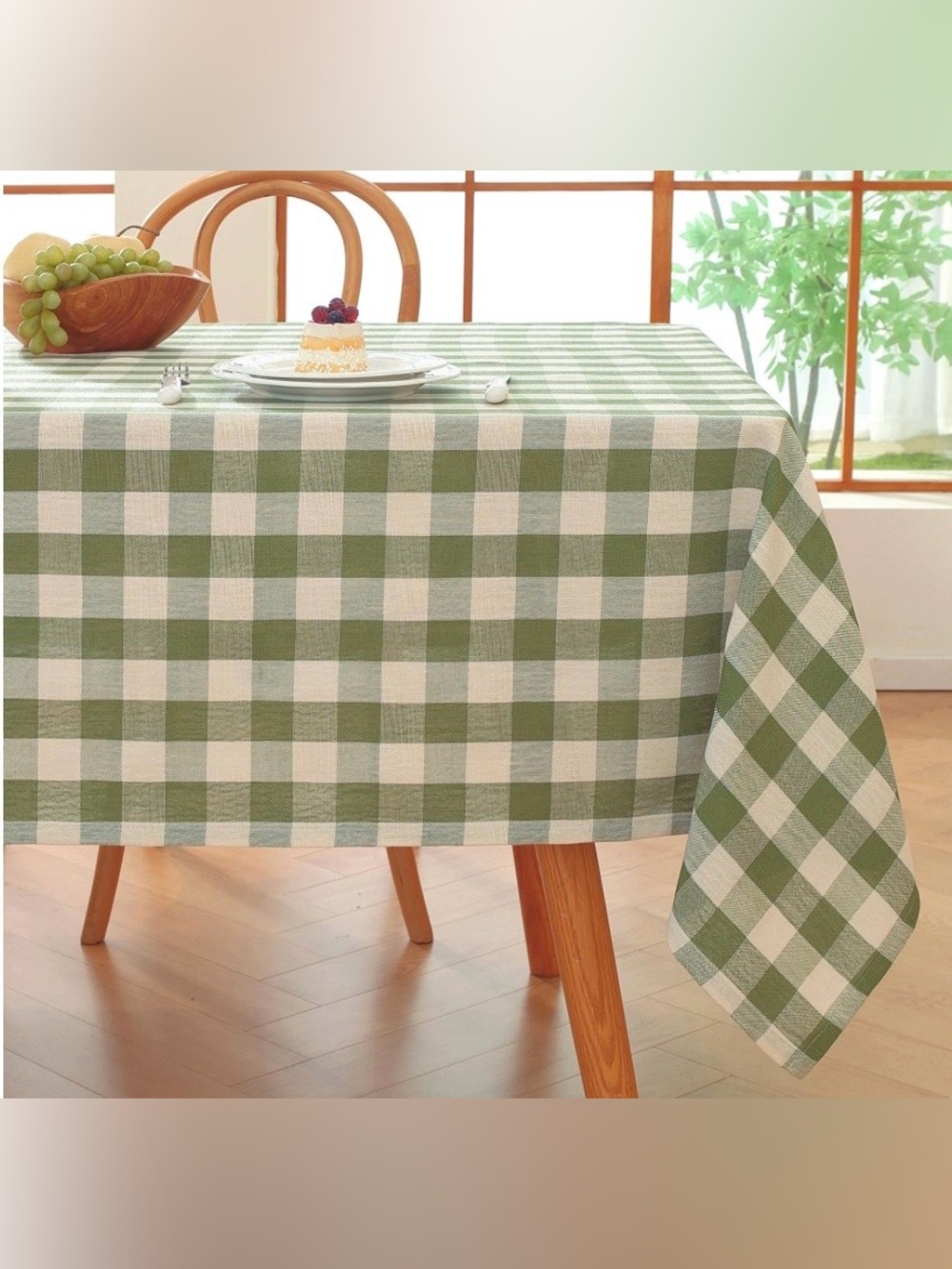 Farmhouse Checkered Tablecloth Cotton Linen Blend 60x75” GREEN WHITE